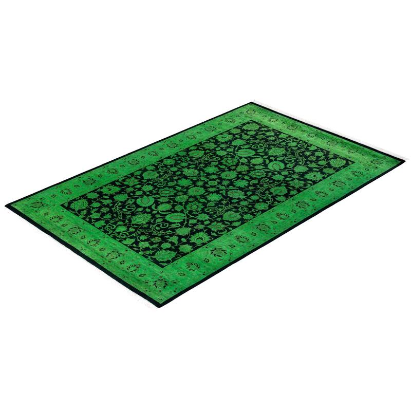 Overton Hand Knotted Wool Vintage Inspired Modern Contemporary Overdyed Green Area Rug - 4' 1" x 6' 5"