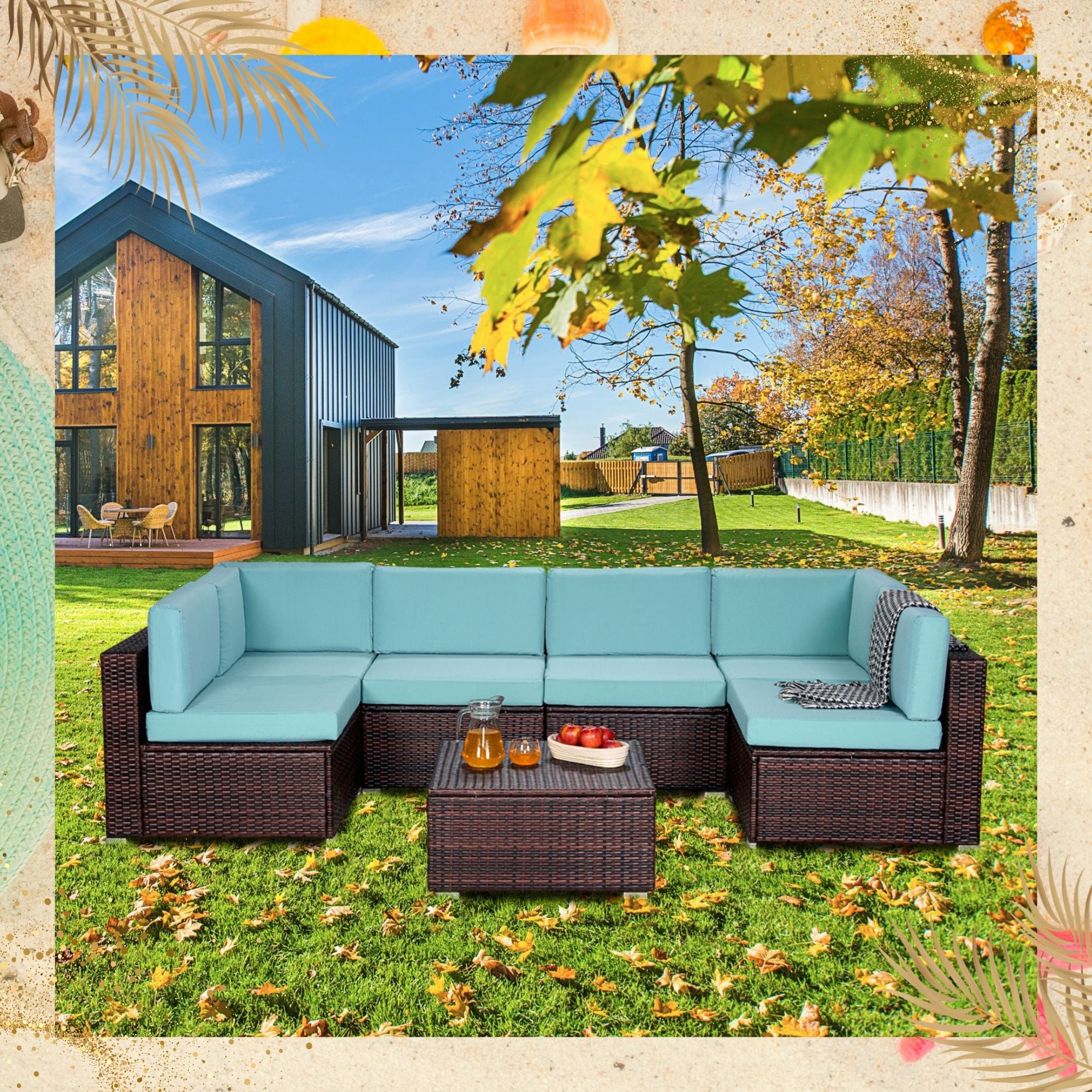 Rattan Wicker Patio Set, 7-Piece Sectional Sofa with Teal Cushions