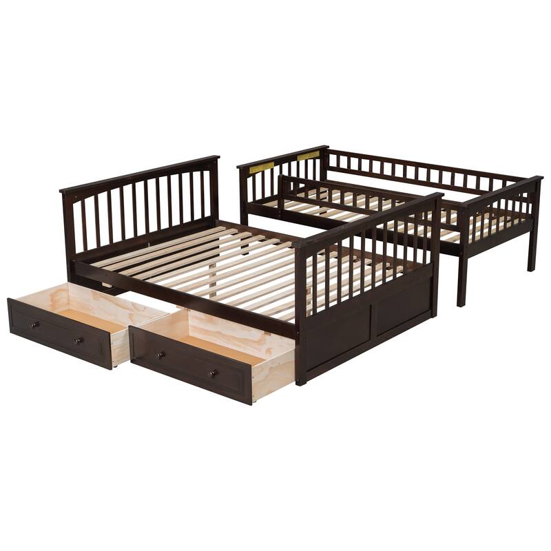 Wooden Storage Bunk Bed Frame with Fence-shaped Guardrails and Pull-out Drawers, Convertible 2 Platform Beds, Detachable Design