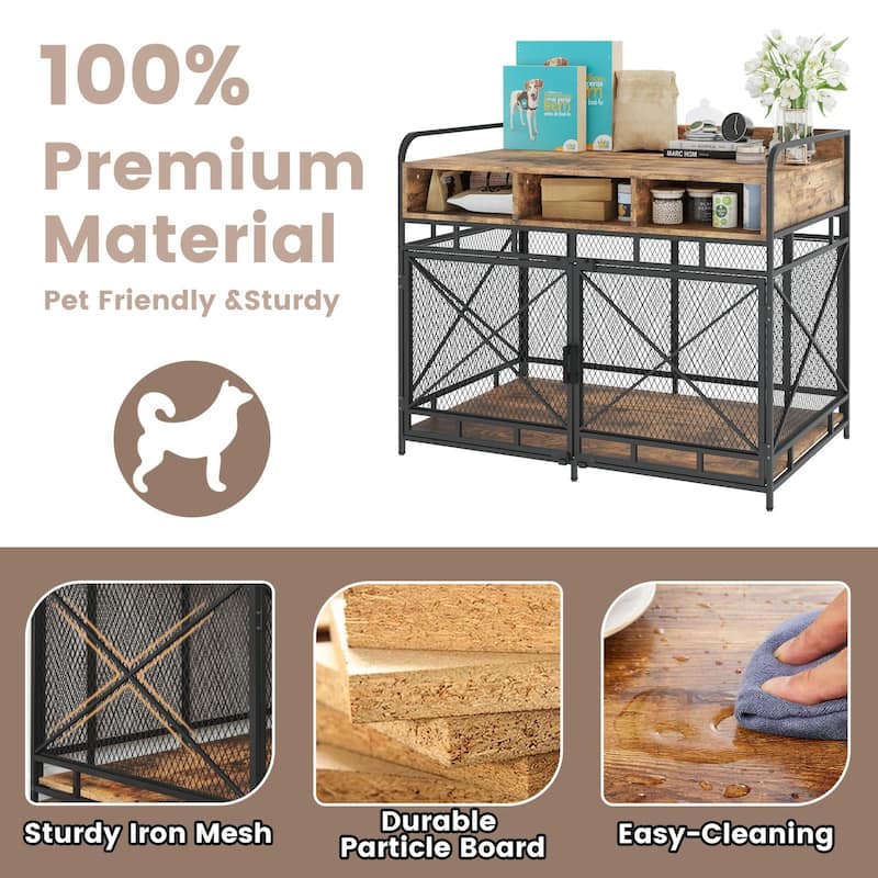 BOSSIN Large Dog Crate Furniture,Wooden Dog Kennel Table with Storage Drawers, Heavy Duty Metal Mesh,Decorative Pet House Indoor
