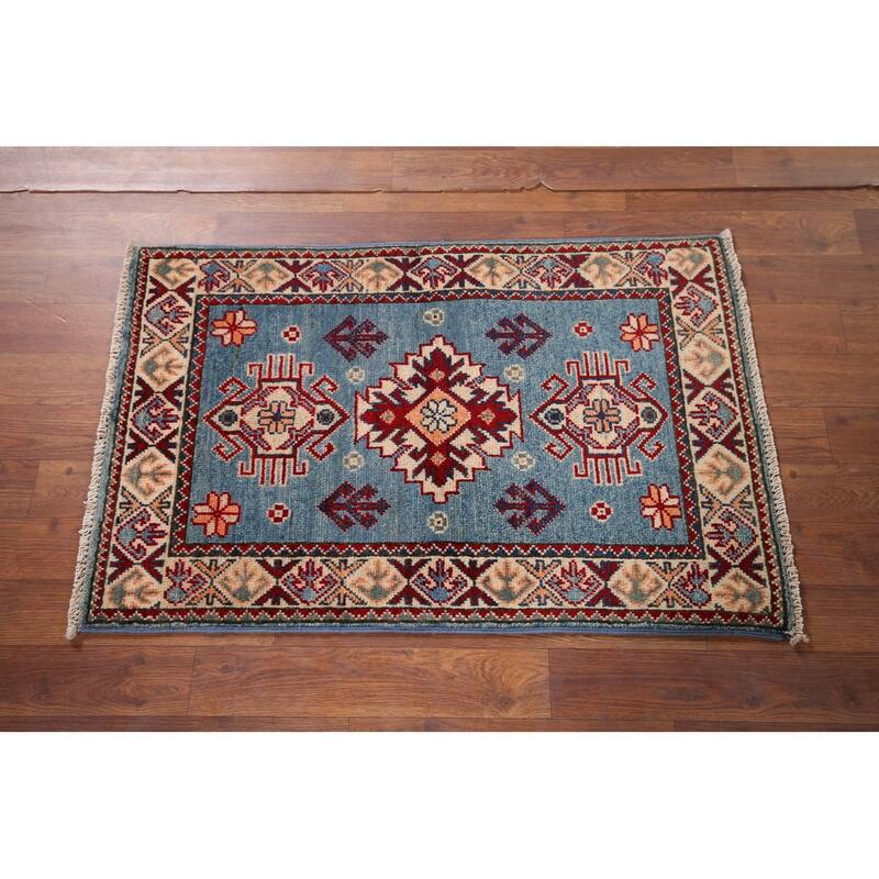Hand Knotted Oriental 100% Wool Carpet Traditional Geometric Navy Blue & Blues Kazak Area Rug - 3' 0'' X 1' 11''