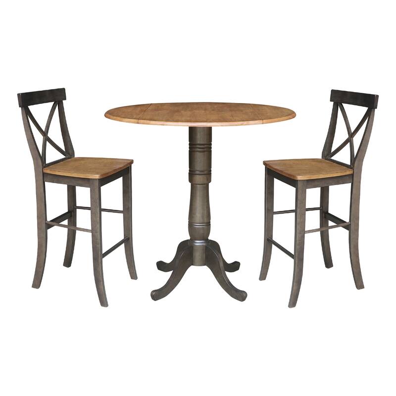42 in. Round Dual Drop Leaf Bar Height Dining Table with 2 X-back Stools - 3 Piece Set