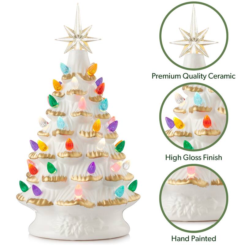 12in Hand Painted Ceramic Christmas Tree PreLit Tree with Star