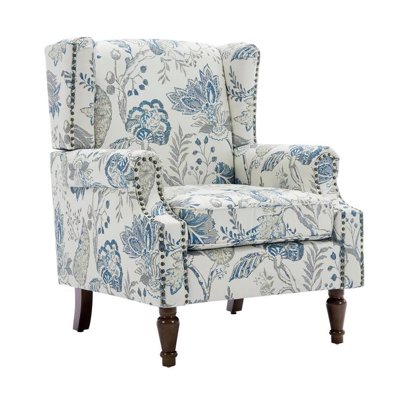 2 Set Transitional Patterned Wingback Accent Chairs with NailHead