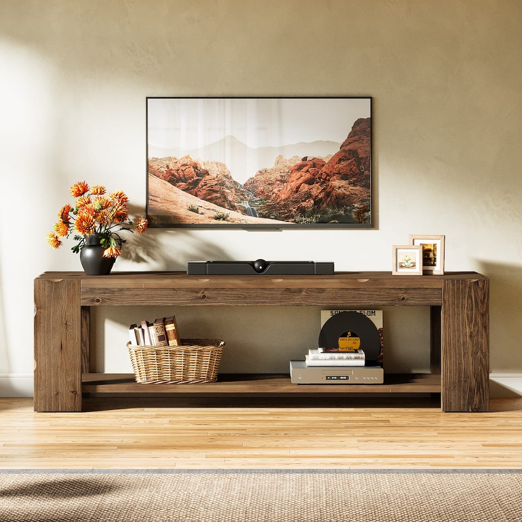 Solid Wood TV Stand, 2-Tier Wooden TV Console Media Stand, Entertainment Center with Open Storage Shelf for Living Room, Bedroom