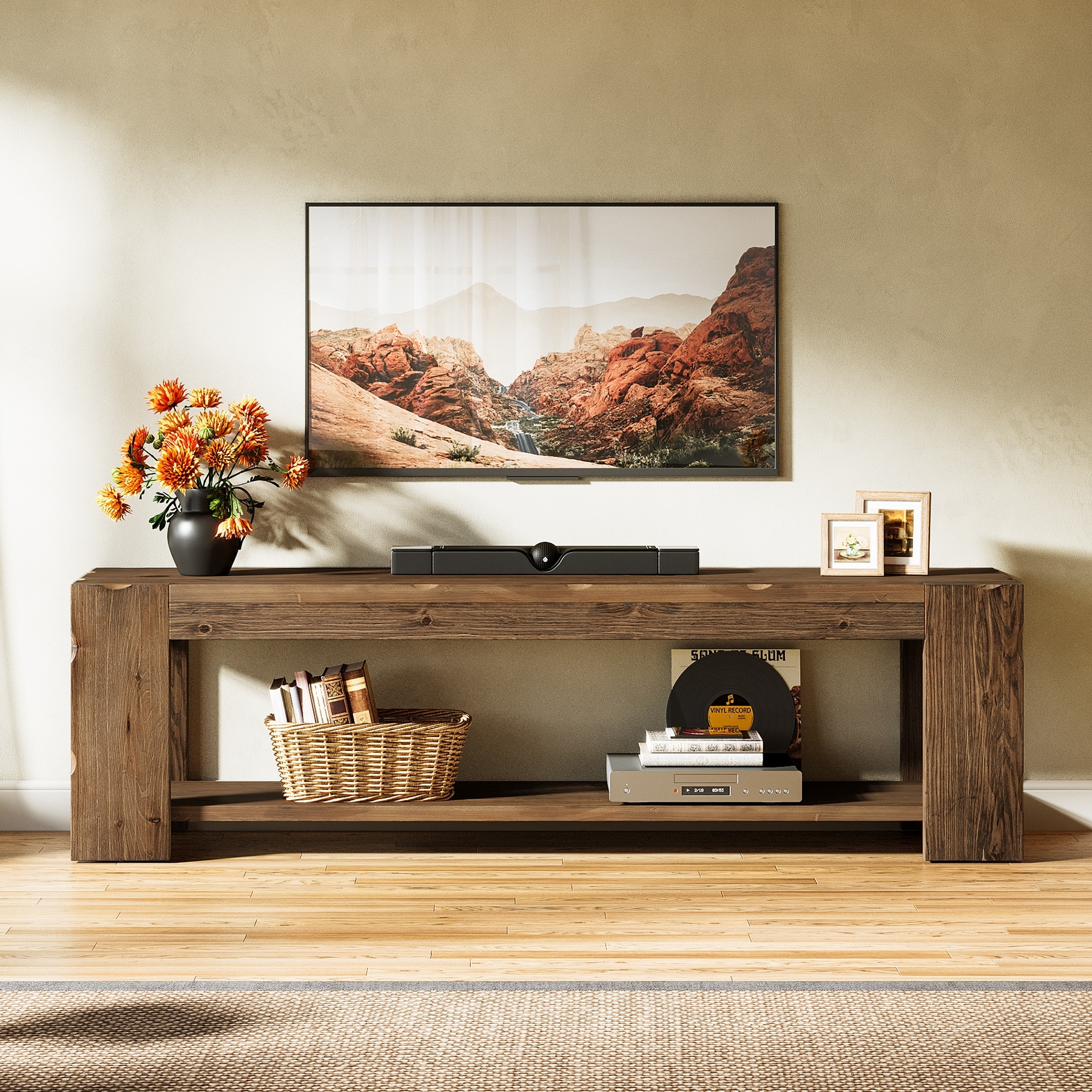 Solid Wood TV Stand, 2-Tier Wooden TV Console Media Stand, Entertainment Center with Open Storage Shelf for Living Room, Bedroom