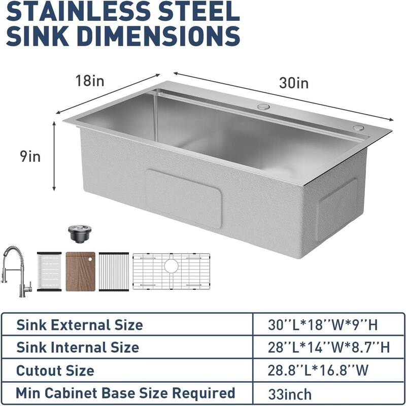 30"X18"X9" Undermount Kitchen Drop In Sink for Easy Installation with Faucet