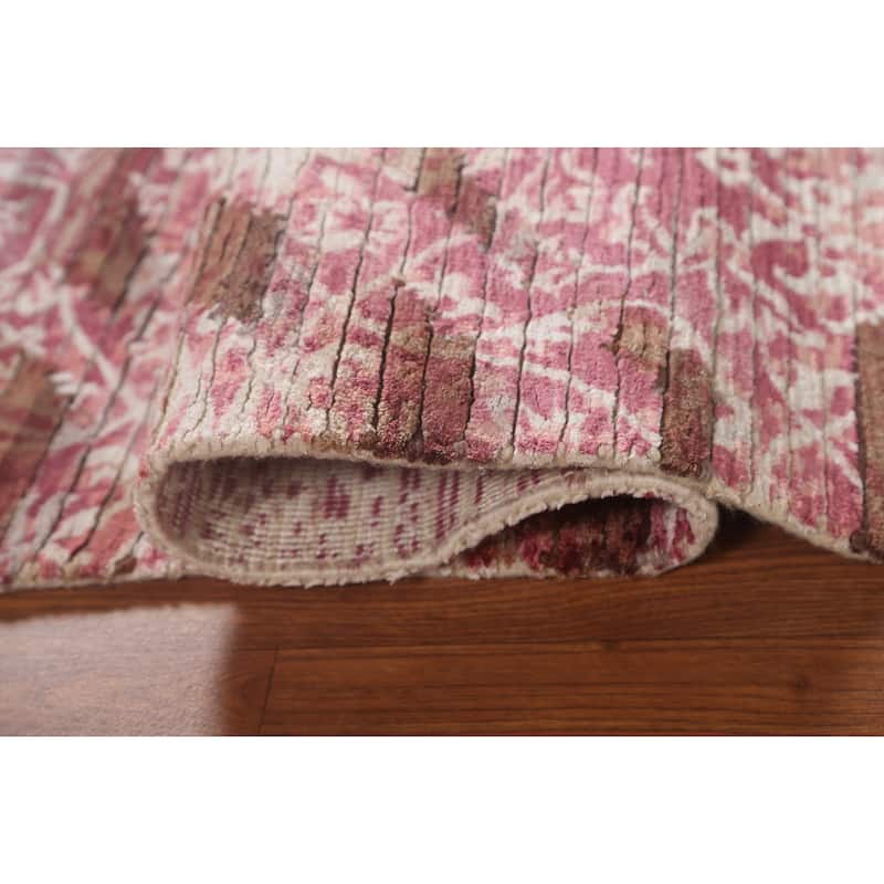 Abstract Oriental Accent Rug Handmade Pink Wool Carpet - 2'8"x 4'10"