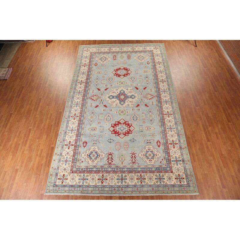 Hand Knotted Oriental 100% Wool Carpet Traditional Geometric Navy Blue & Blues Kazak Area Rug - 16' 3'' X 9' 9''