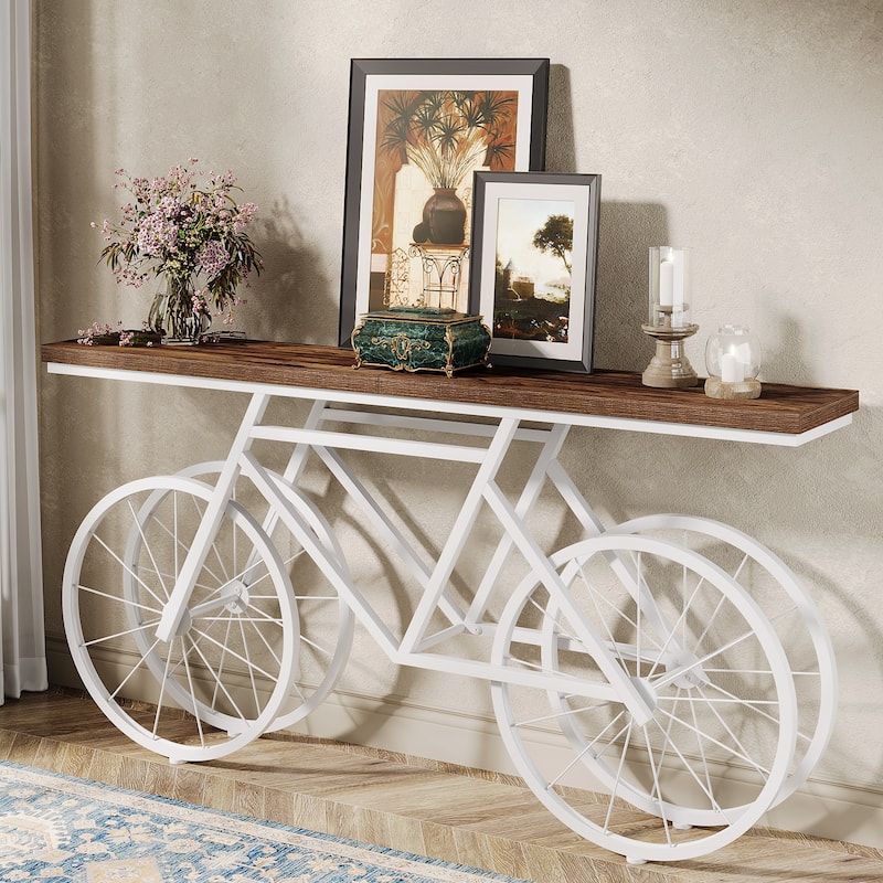 70.9-Inch Long Narrow Console Table with Metal Bicycle Base - Brown - 70.87" L x 11.81" W x 33.46" H - White