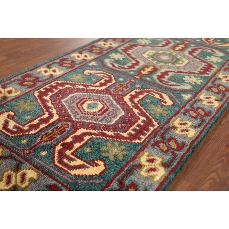Green Geometric Kazak Runner Rug Hand-Knotted Wool Carpet - 2'5"x 9'8"