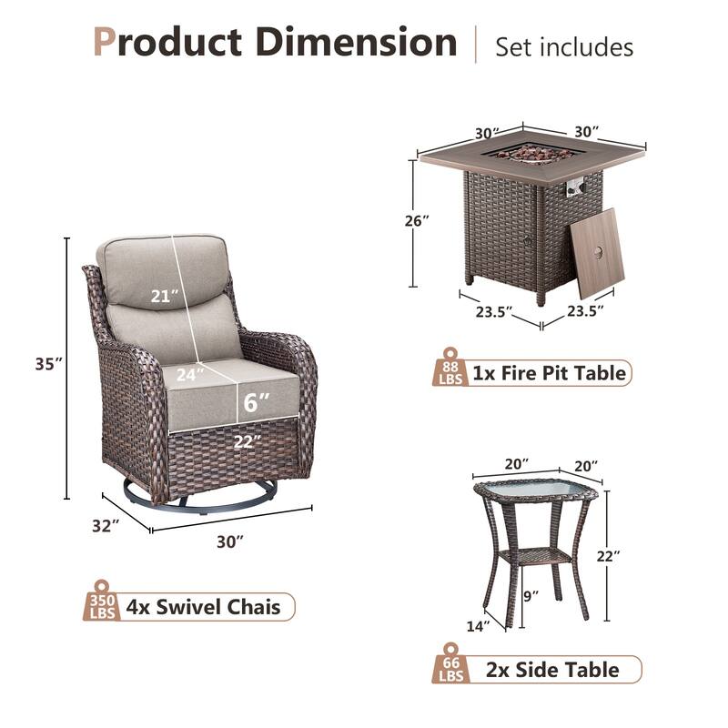 Pocassy Outdoor 6" Swivel Chairs with Fire Pit Table