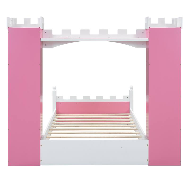 Castle-Shaped Wooden Princess Bed with Storage Shelves, Dreamy Twin Size Platform Bed Frame with Slats Support for Kids Bedroom