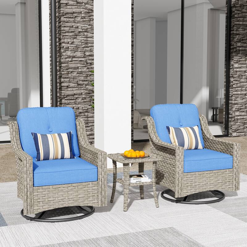 HOOOWOOO 3-piece Outdoor Patio Swivel Rocker Chairs with Side Table - Diamond Blue