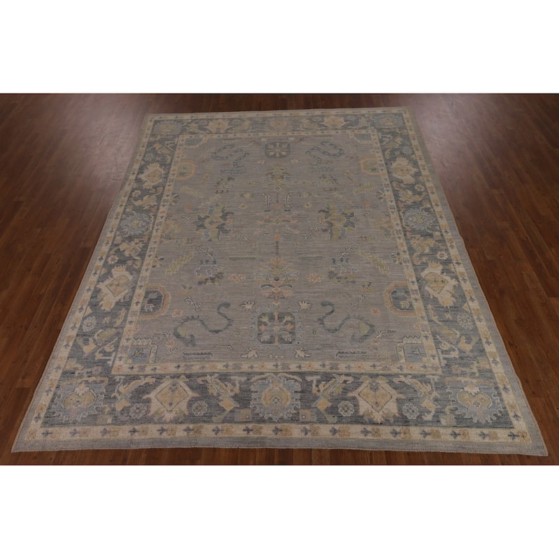 Vegetable Dye Grey Oushak Turkish Rug Hand-Knotted Floral Wool Carpet - 8'1"x 10'1"