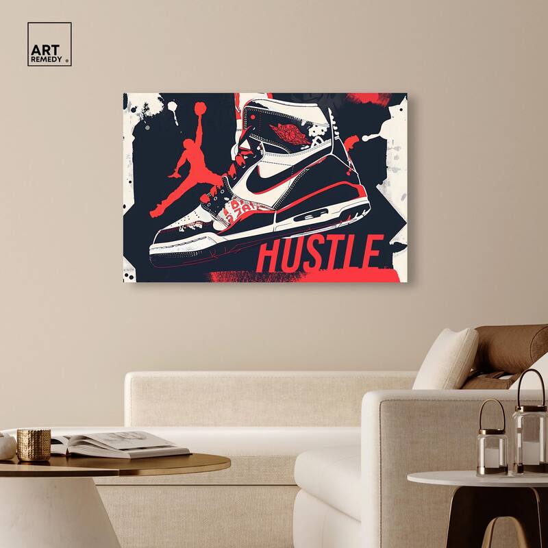 Navy Red Hustle Sneaker Canvas by Art Remedy, Gallery Wrapped