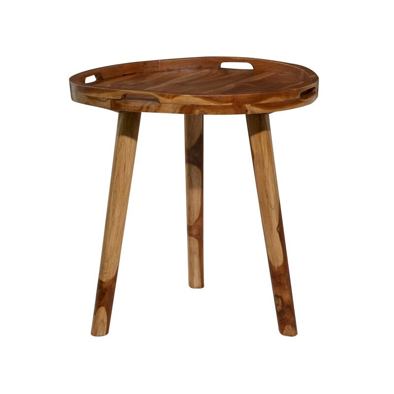 Teak Wood Accent Table with Tripod Legs and Slot Handles - Brown - Roche River Decor - 24"W x 24"L x 24"H