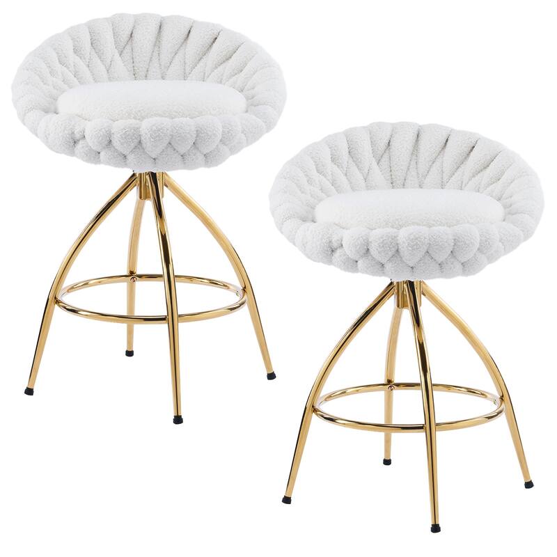 Set of 2 White Teddy Velvet Swivel Bar Stools with Cushioned Seat for Kitchen or Dining Room - 20.28" x 20.28" x 35.83"
