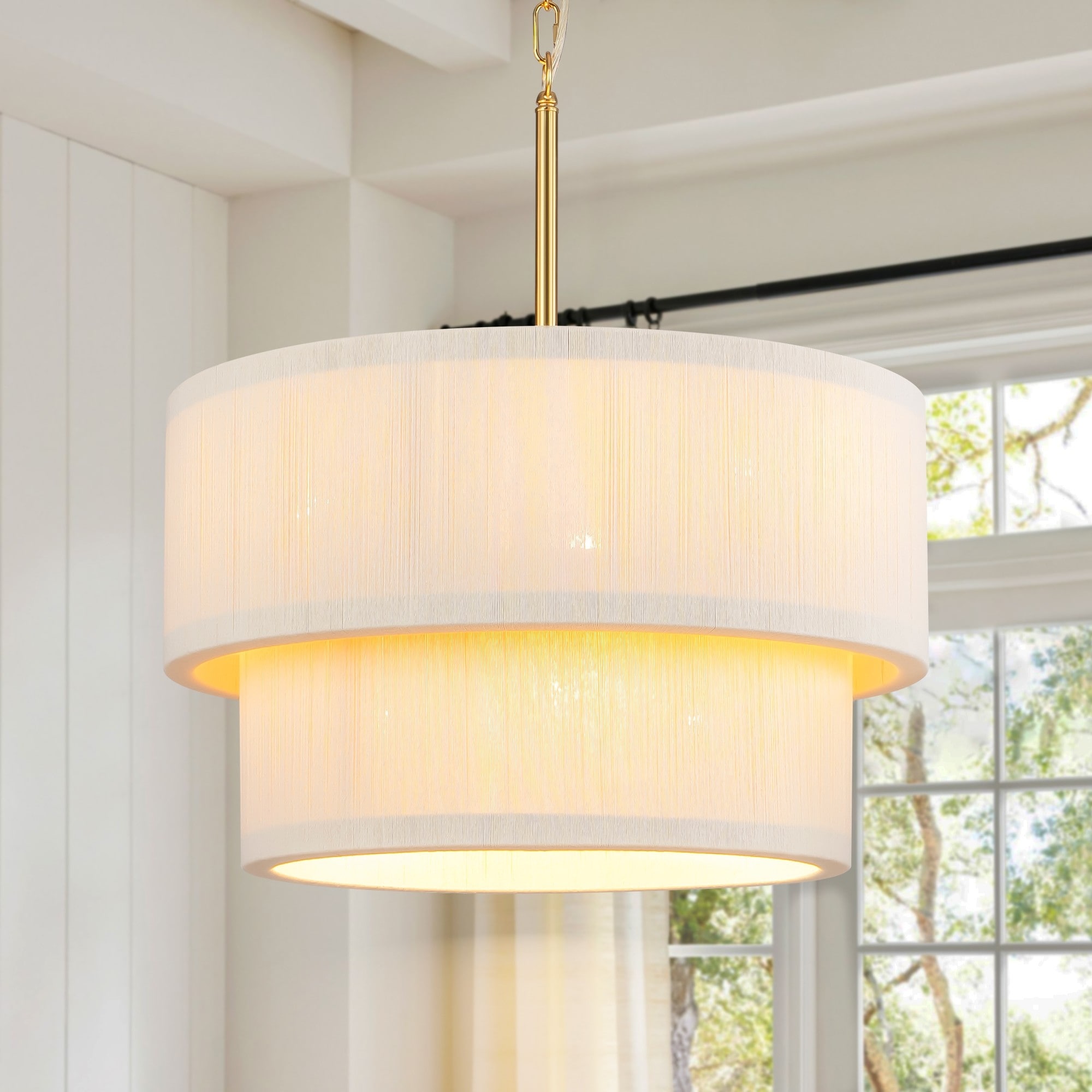 6 Light 2 Tier Modern Boho Gold Ivory Rope Handwoven Fabric Drum Chandelier Farmhouse Round Chandelier 19.6 in. W x 12.2 in. H On Sale Bed Bath Beyond 41209196