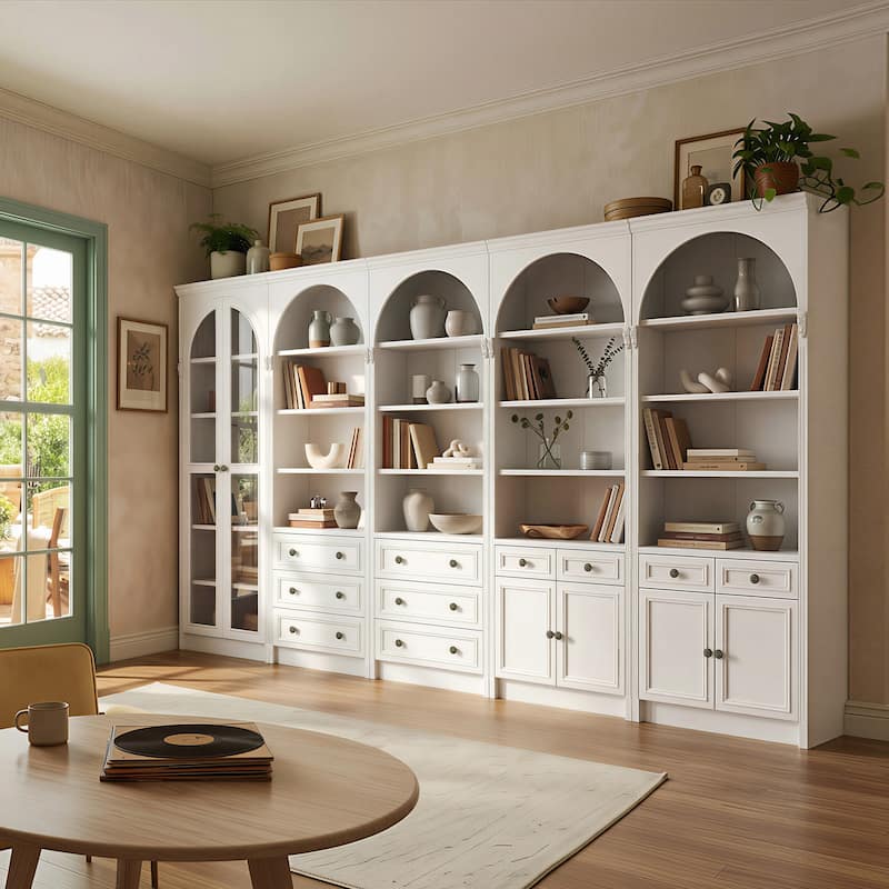 Modular White Bookcase with LED Lights & Glass Doors, 86.6" Tall Arched Display Cabinet Solid WoodStorage Cabinet