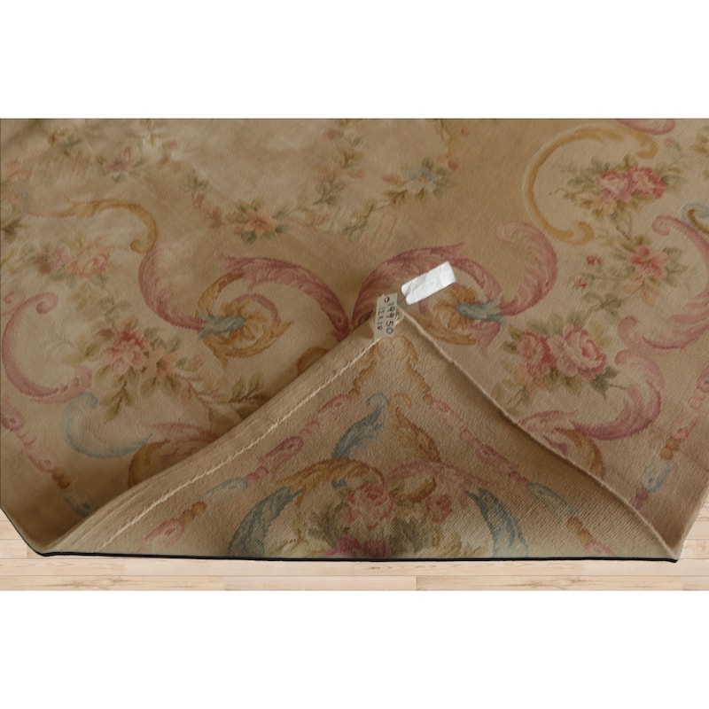12x18 Hand Knotted Beige Silk Traditional Plush Pile Aubusson Savonnerie Rug - 12' x 18'