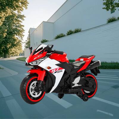 Electric 12V Ride On Motorcycle for Kids with Training Wheels, USB Music, and LED Lights for Safe Indoor and Outdoor Fun