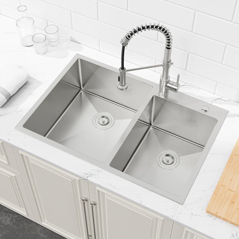 Embedded Double Bowl Kitchen Sink, Undermount Handmade Sink in Brushed (Sink only)