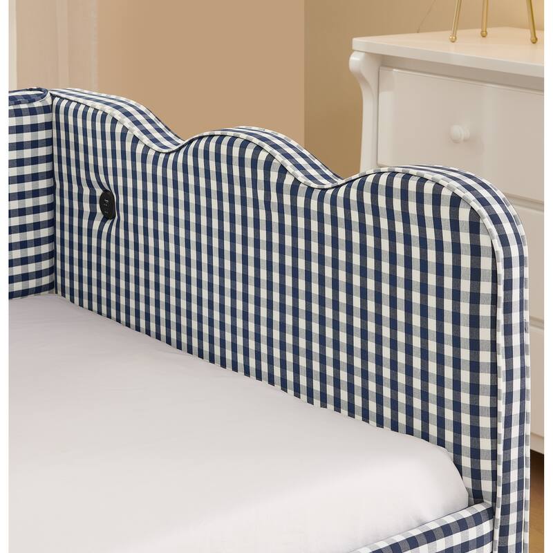 Twin Size Gingham Daybed Upholstered Sofa Bed with Trundle, Wave Shaped Armrest & Backrest, USB Port, No Box Spring Needed