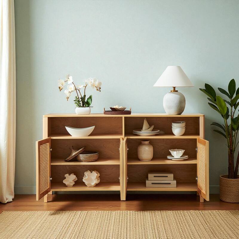 63" Mid-Century Modern Rattan Sideboard Buffet Cabinet with Adjustable Shelves, Storage Credenza for Living Room
