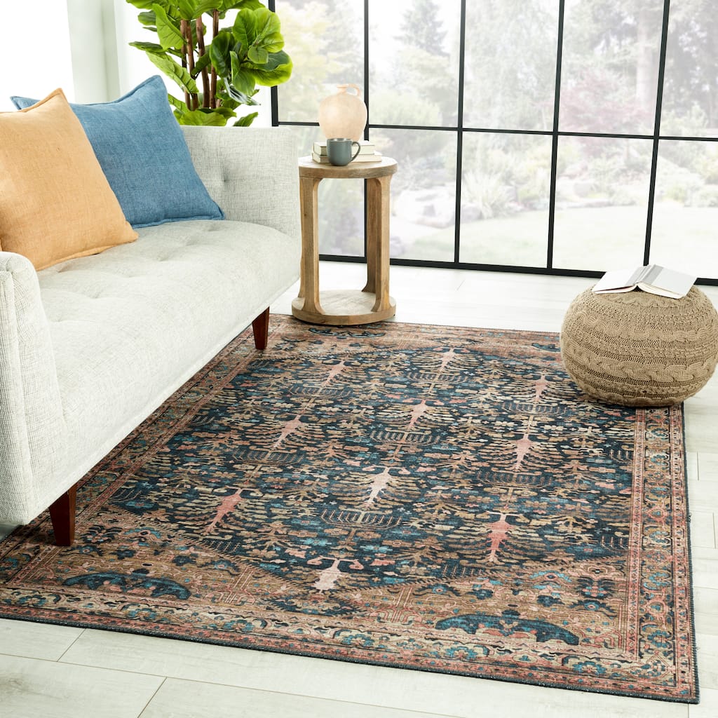 Jayven Machine Washable Medallion Blue/ Tan Area Rug