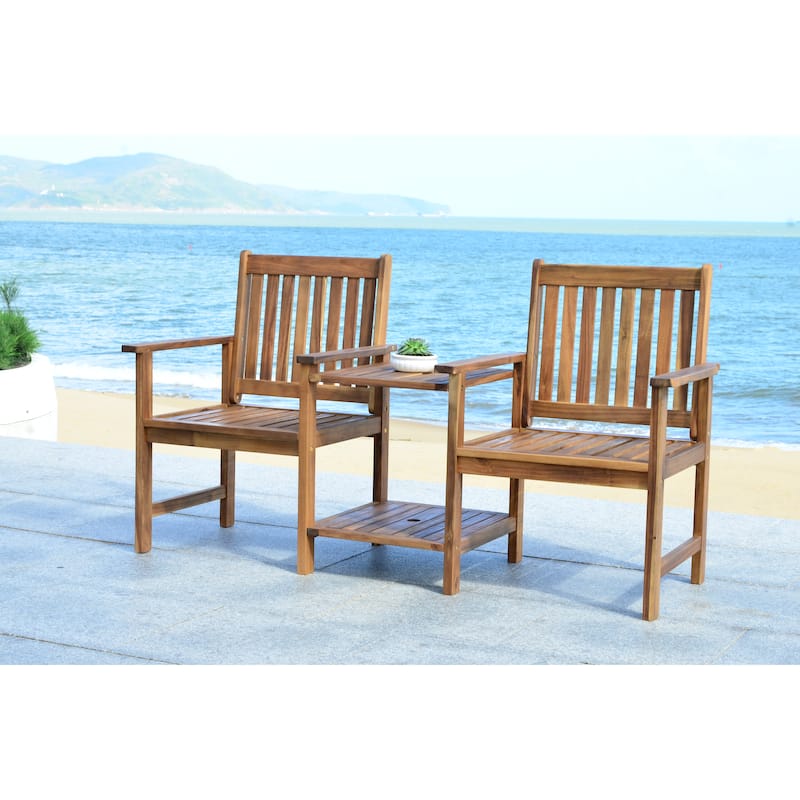 SAFAVIEH Outdoor Kya Solid Wood Twin Seat Bench - 24Wx65Dx35H