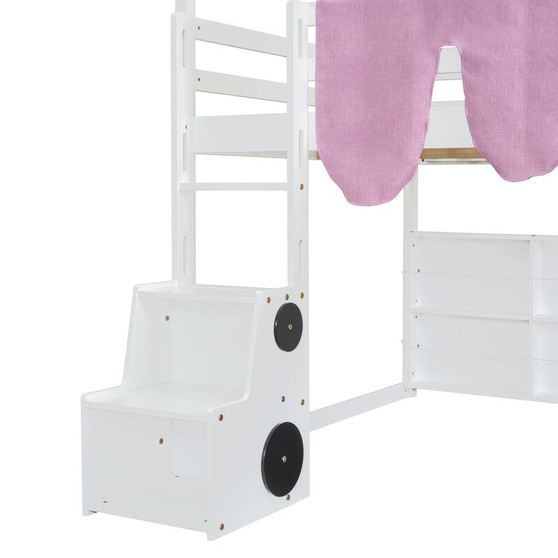 House-Shaped Wooden Loft Bed with Tent, Slide & Storage - Twin/Full Size in White & Pink