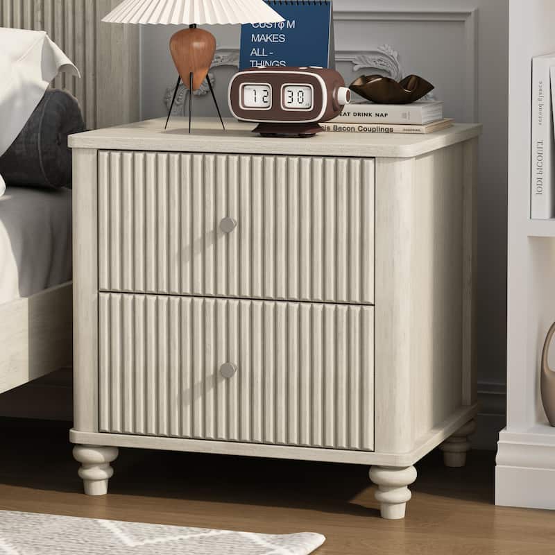 GDFStudio Mid-Century Fluted 3-Drawer Wooden Nightstand with Metal Handles
