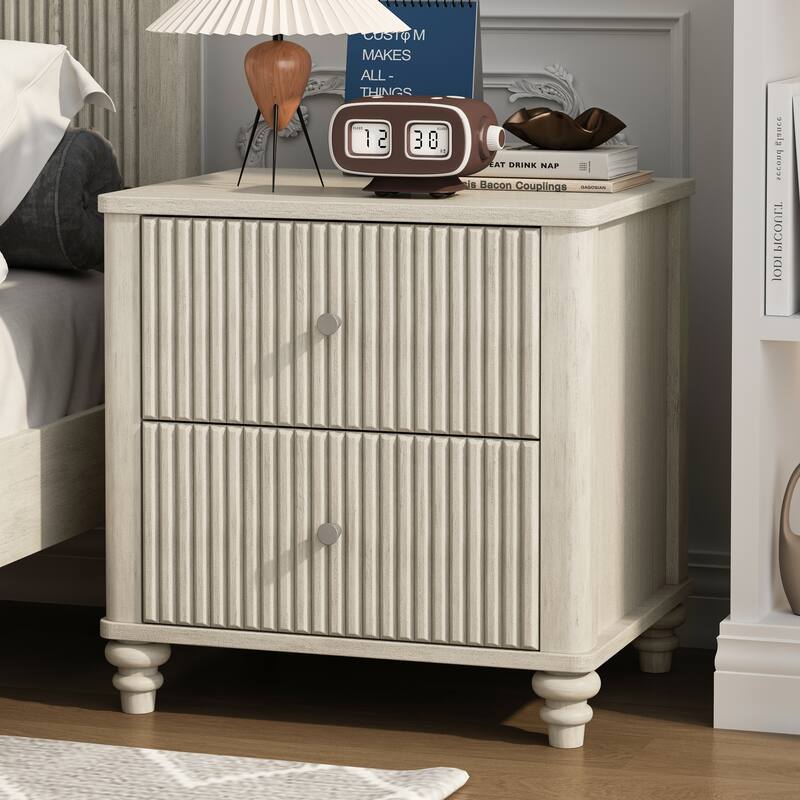 Modern Fluted Nightstand with 2 Large Drawers & 1 Hidden Drawer, Wood Bedside Tables for Bedroom, Retro Simple Style End Table