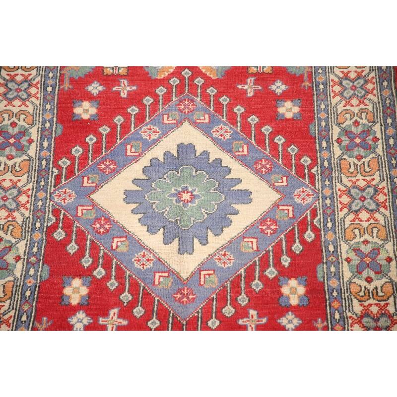 Geometric Kazak Rug Hand-Knotted Traditional Foyer Wool Carpet - 3'4"x 4'10"