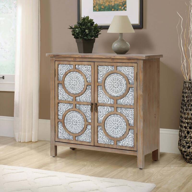 Floral Lattice Metal 2-Door Farmhouse Pine Wood Storage Cabinet - 31.9" H x 31.5" W x 15.7" D