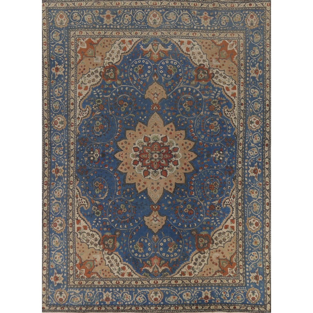 Blue Tabriz Persian Vintage Area Rug Handmade Floral Wool Carpet - 9'8"x 12'11"