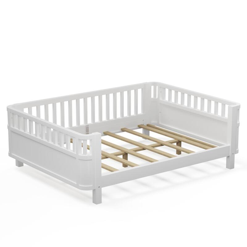 White Full Size Wood Platform Bed with Safety Rails for Kids, Low Profile Design