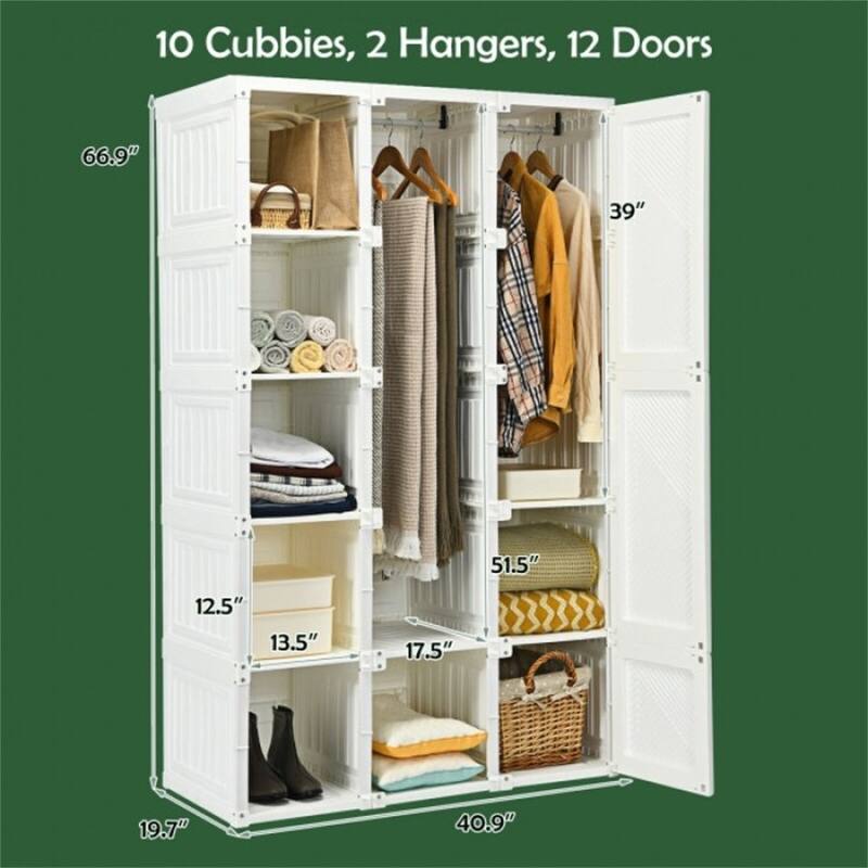 White PP and ABS Foldable Portable Closet with 10 Cubbies, Rods and Magnet Doors - 40.9" x 19.7" x 66.9" (L x W x H)