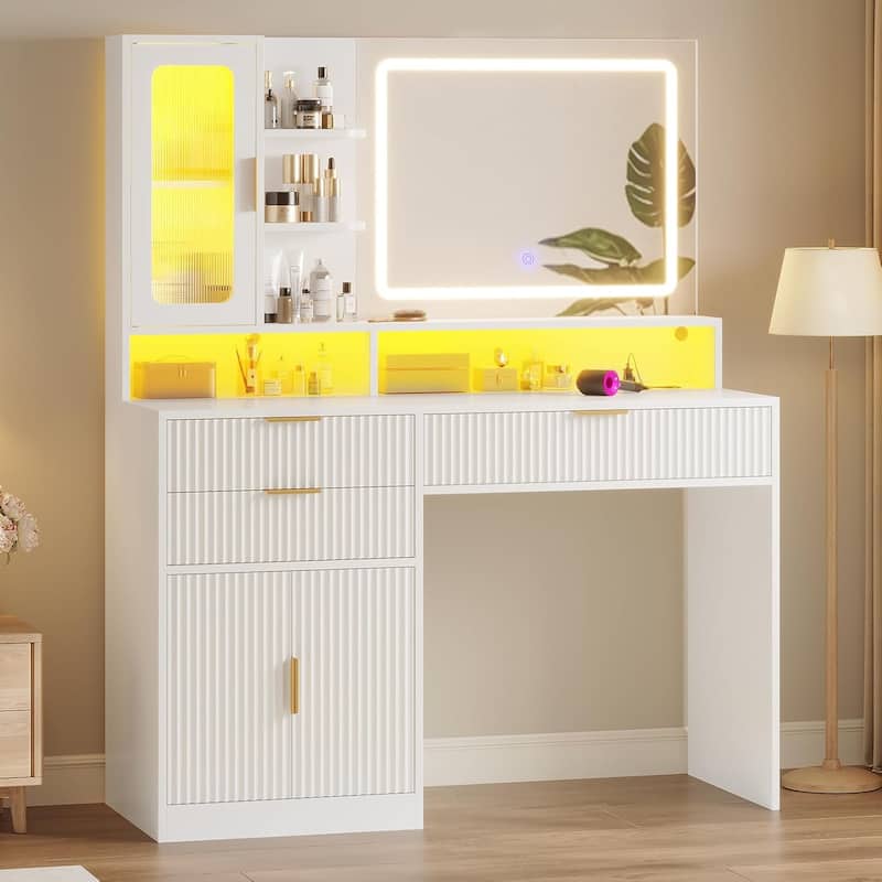 Makeup Vanity Desk Mirror LED Lights Charging Station RGB Lights Drawers Cabinet