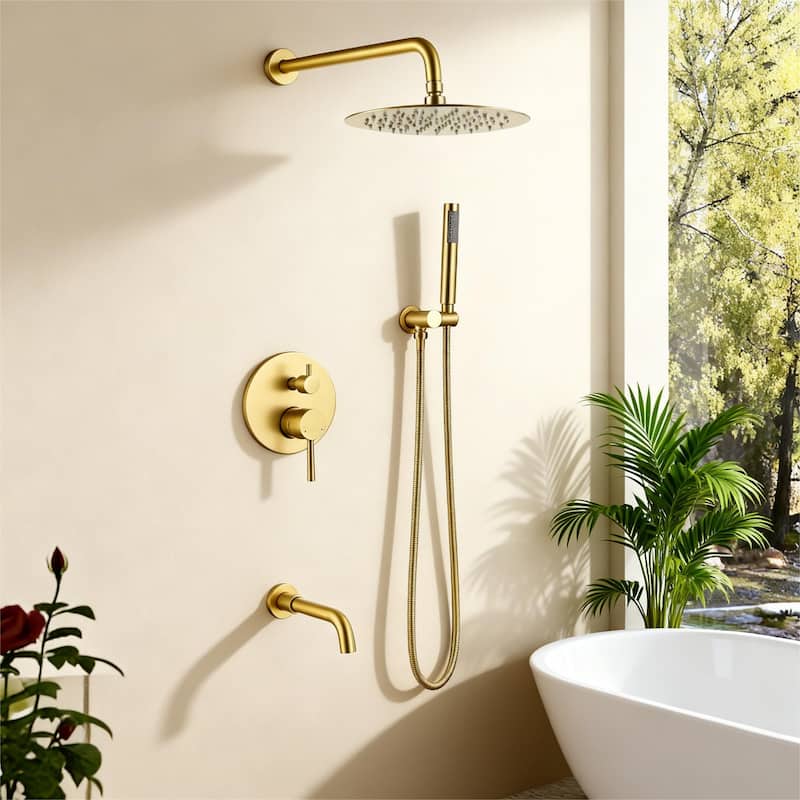Luxury Gold Rain Shower Head with High Pressure Handheld Shower Head & Hose & 360 degree Rotatable Bathtub Faucet