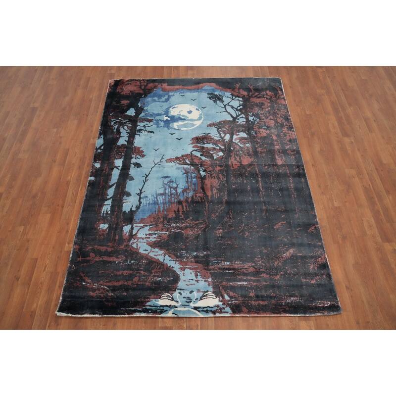 Hand Knotted Oriental Viscose Silk Carpet Modern Pictorial Multi-Colored Abstract Area Rug - 7' 7'' X 5' 7''