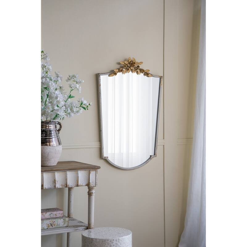 Decorative Arched Wall Mirror - Distressed Ivory Frame, Gold Floral Crown