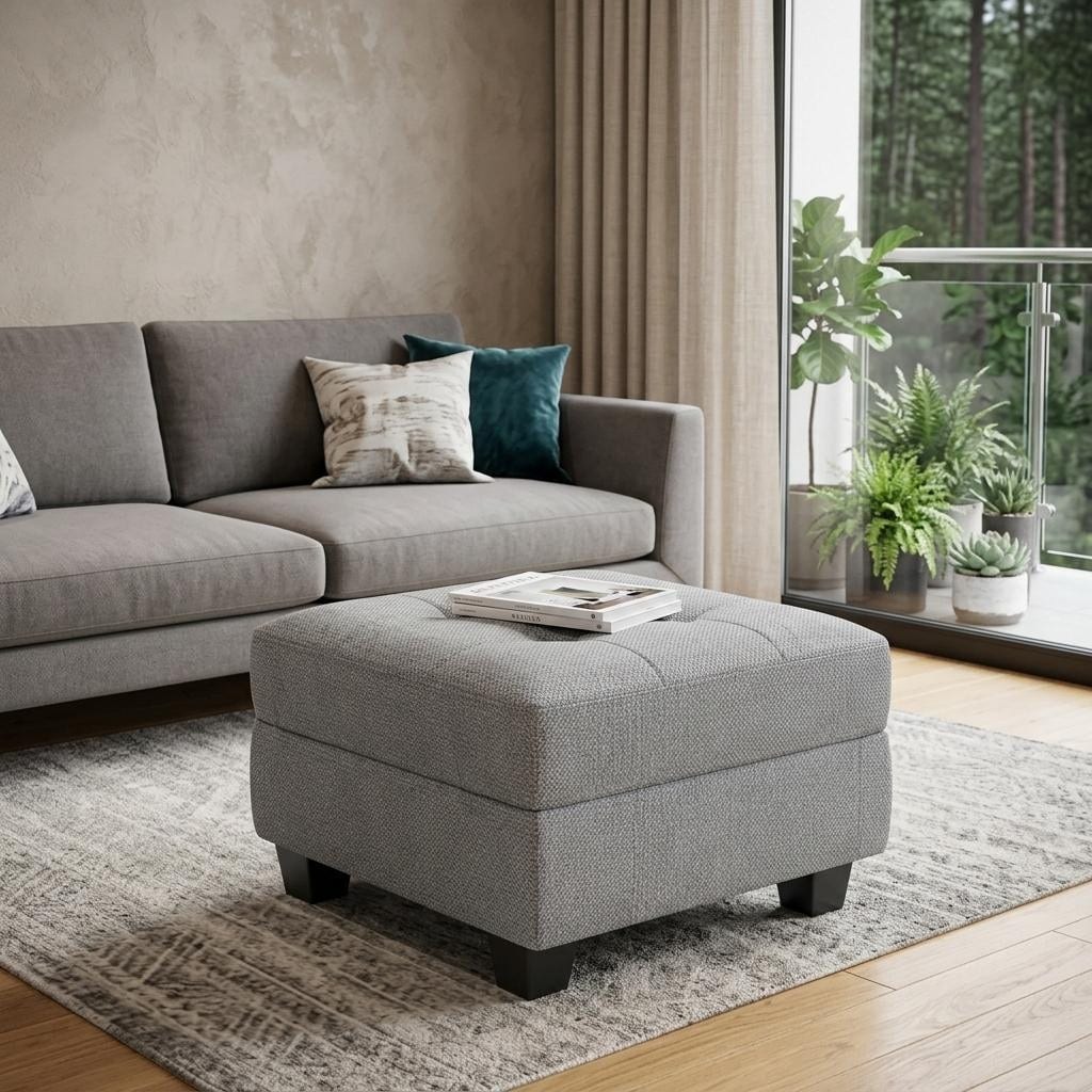 HomeRoots 26" Light Gray And Black Linen Tufted Ottoman With Storage