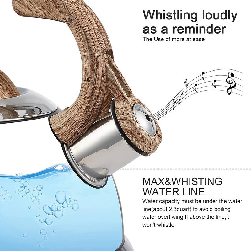Creative Home 2.3 Qt. Stainless Steel Whistling Tea Kettle with Ergonomic Wood Rubber Touching Handle, Opaque Gray with Speckle