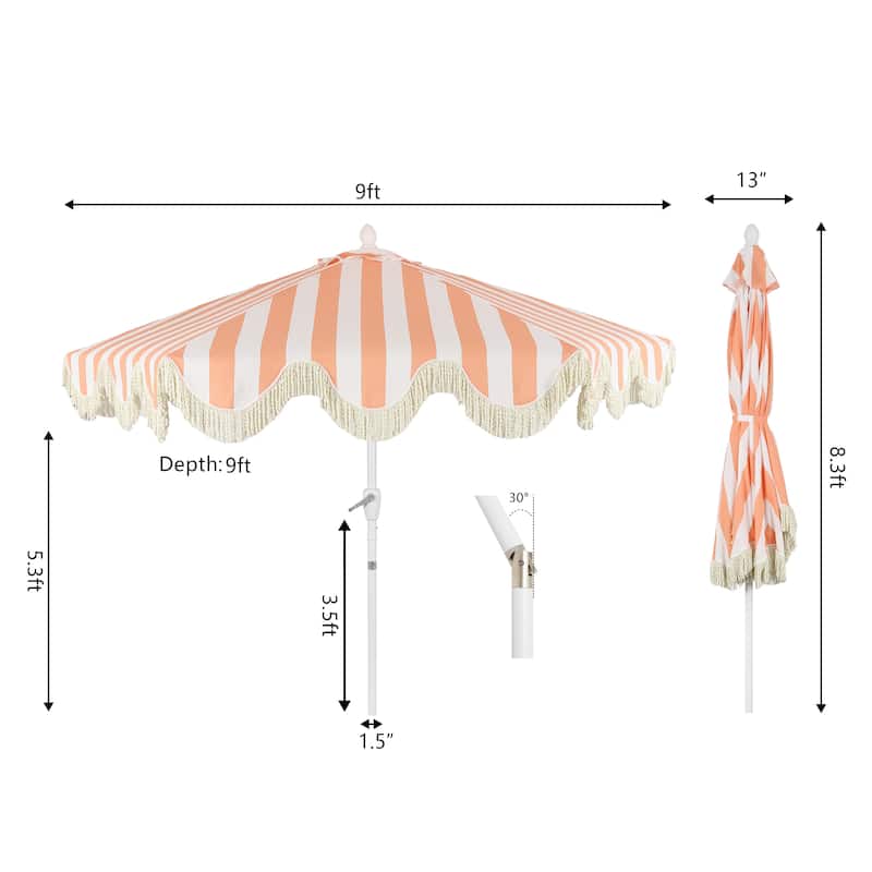 9ft Tassel Patio Umbrella Auto-Tilt, Crank , by JONATHAN Y