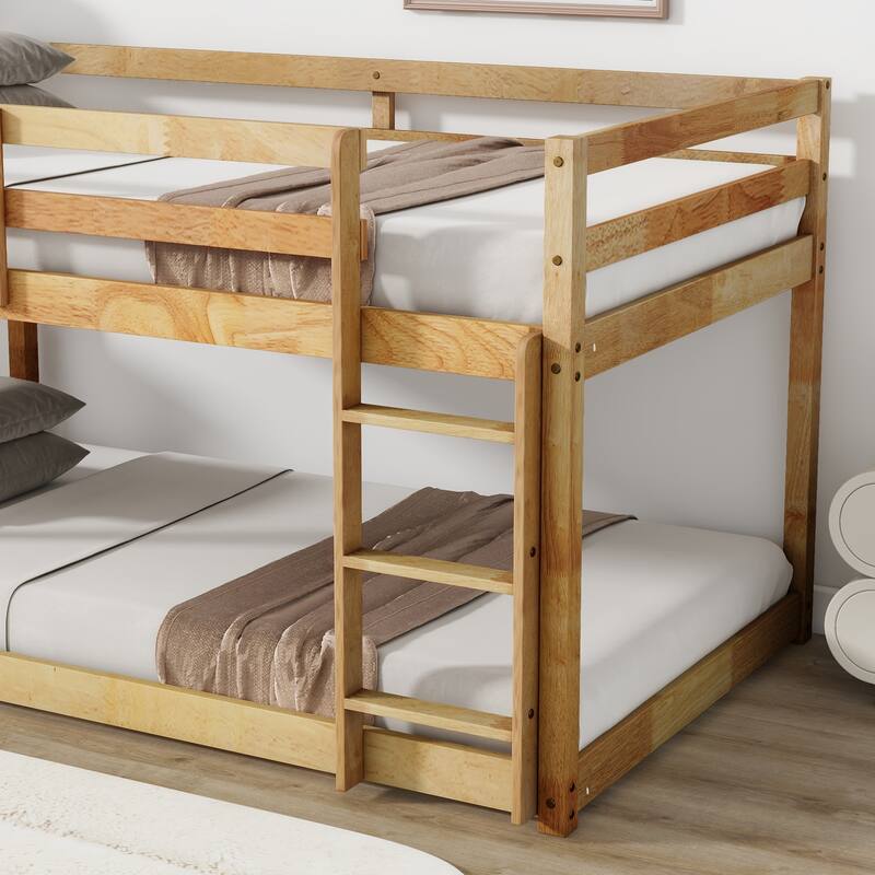 Solid Rubber Wood Twin over Twin Floor Bunk Bed with Ladder, Natural
