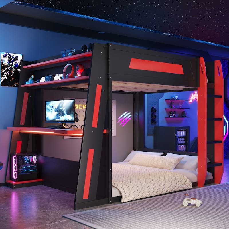 GDFStudio - GameCore Modern Wooden Queen Gaming Bunk Bed with Desk, USB and LED Lighting
