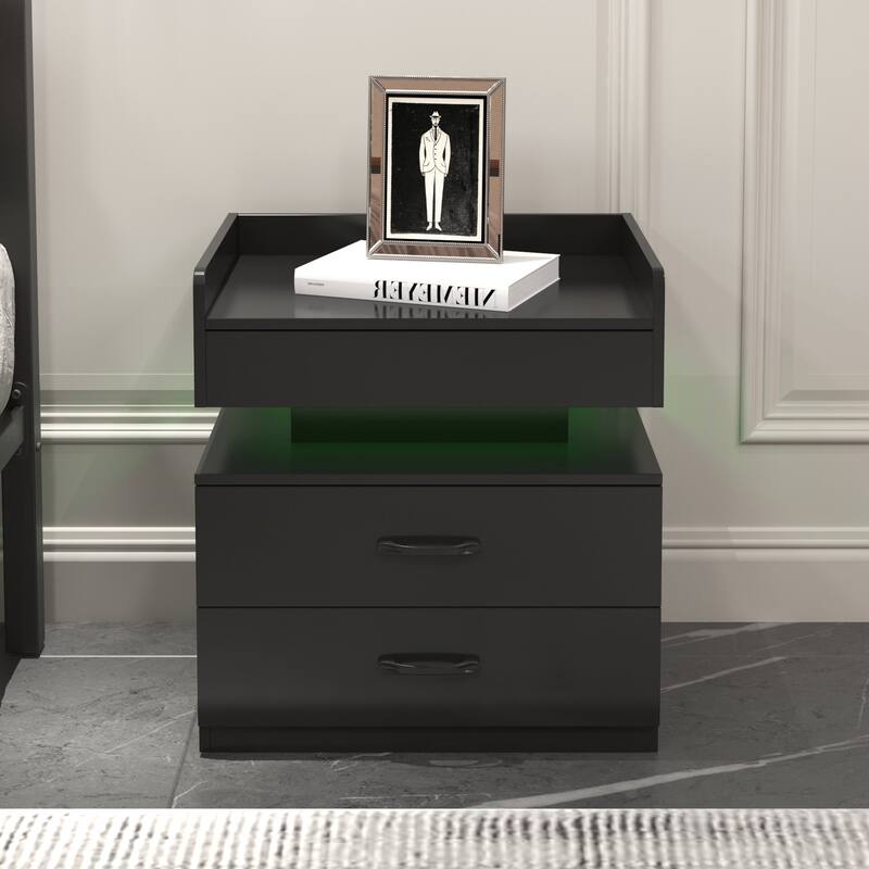 Nightstand with LED Strip Light and 2 Drawers, Bedside End Table with Storage for Bedroom Living Room Study - Black