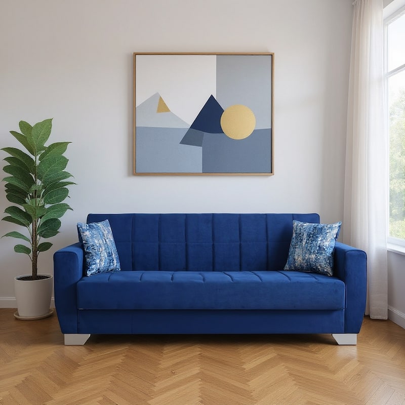 HomeRoots 84" Blue Microfiber Convertible Futon Sleeper Sofa With Toss Pillows And Storage - Blue